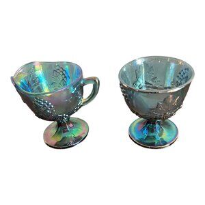 Vintage Harvest Blue Iridescent Carnival Glass Open Sugar Bowl & Creamer Grapes